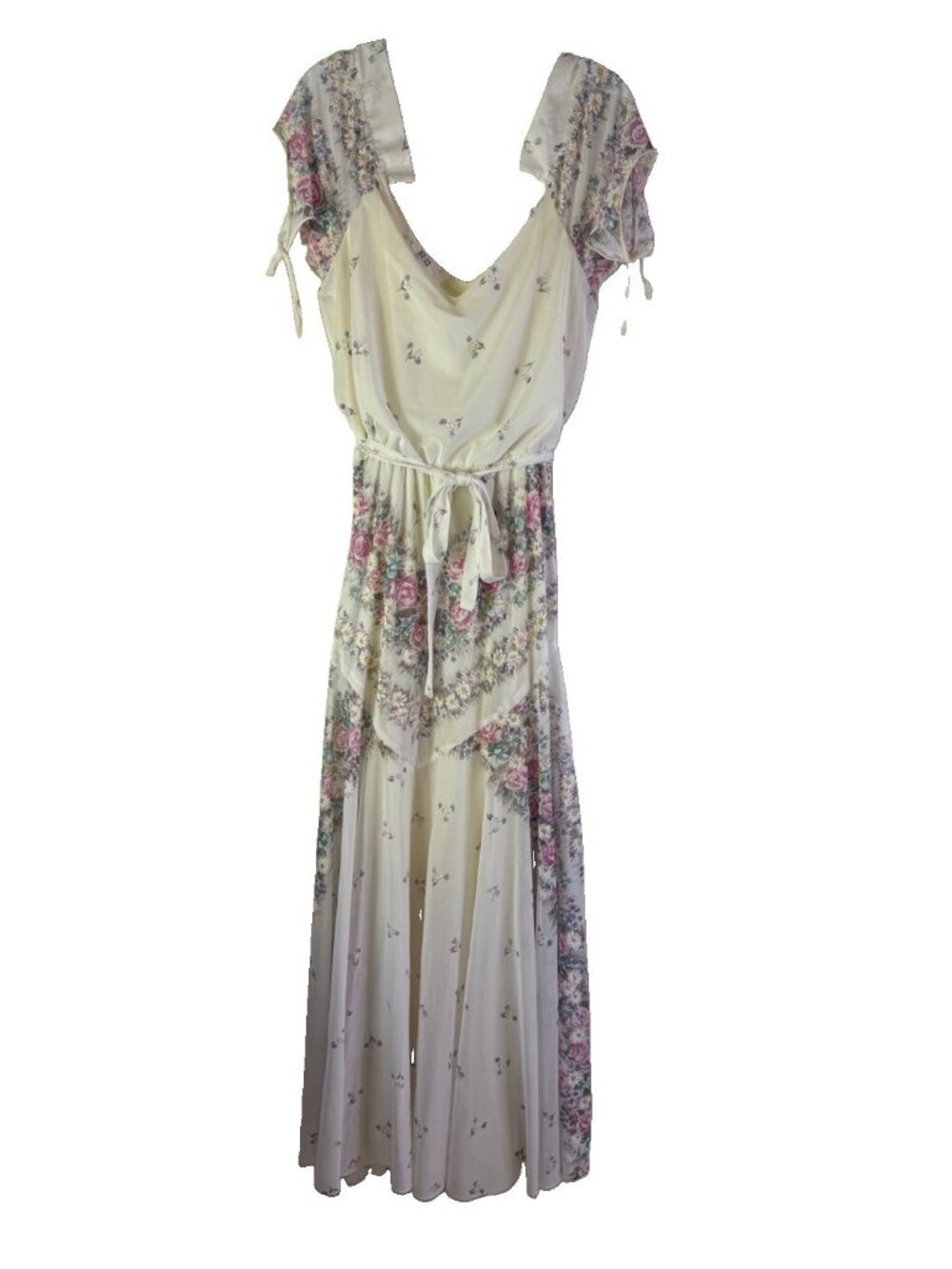 Vintage 70s Maxi Dress Gown Floral Off The Shoulder Garden Tea Fairy